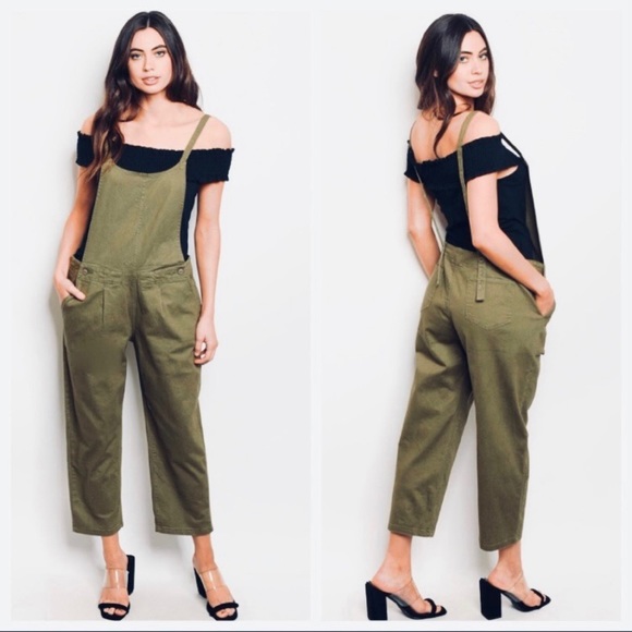Pants - Olive Green Open Back Overalls SPetite